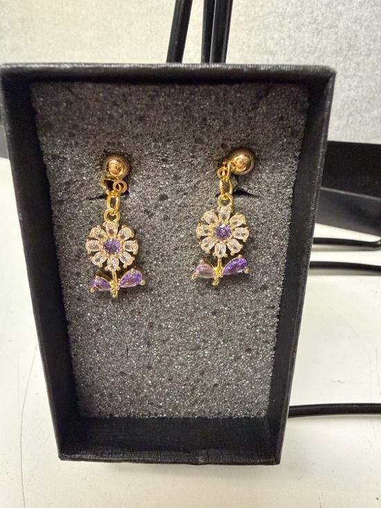 Jewelry - Gold-Tone Purple Flower Drop Earrings